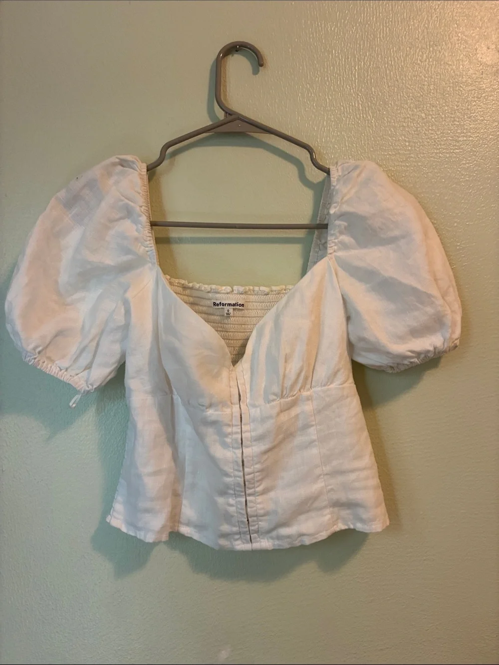 Reformation Rome White Puff-Sleeve Sweetheart Linen Top